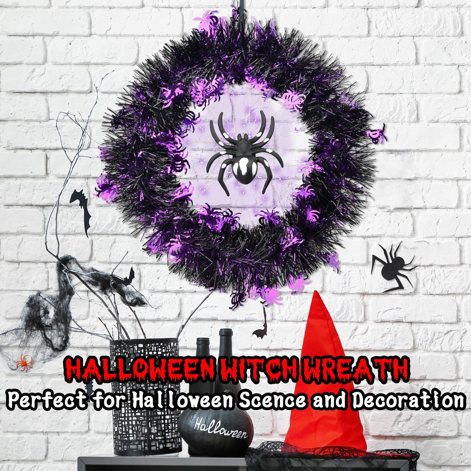 Halloween Wreath Halloween Spider Decorations Wreath with Lights, Halloween Spider Garland LED Halloween Door Wreath for Halloween Party, Halloween Decorations Outdoor Indoor Wall and Window