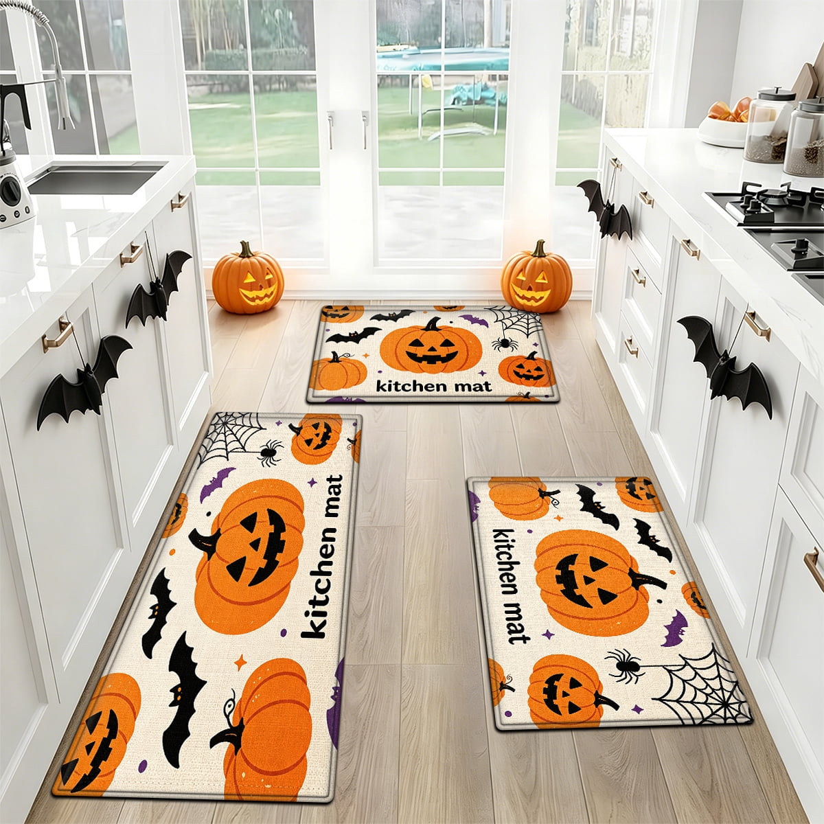 YIMEIS Halloween Neon Pumpkin Lanterns 3Pcs Flannel Mat & Kitchen Rugs Set,Soft Non-slip,16''×24'' 20''×30'' 17''×47'' Inches,for Entryway Bathroom
