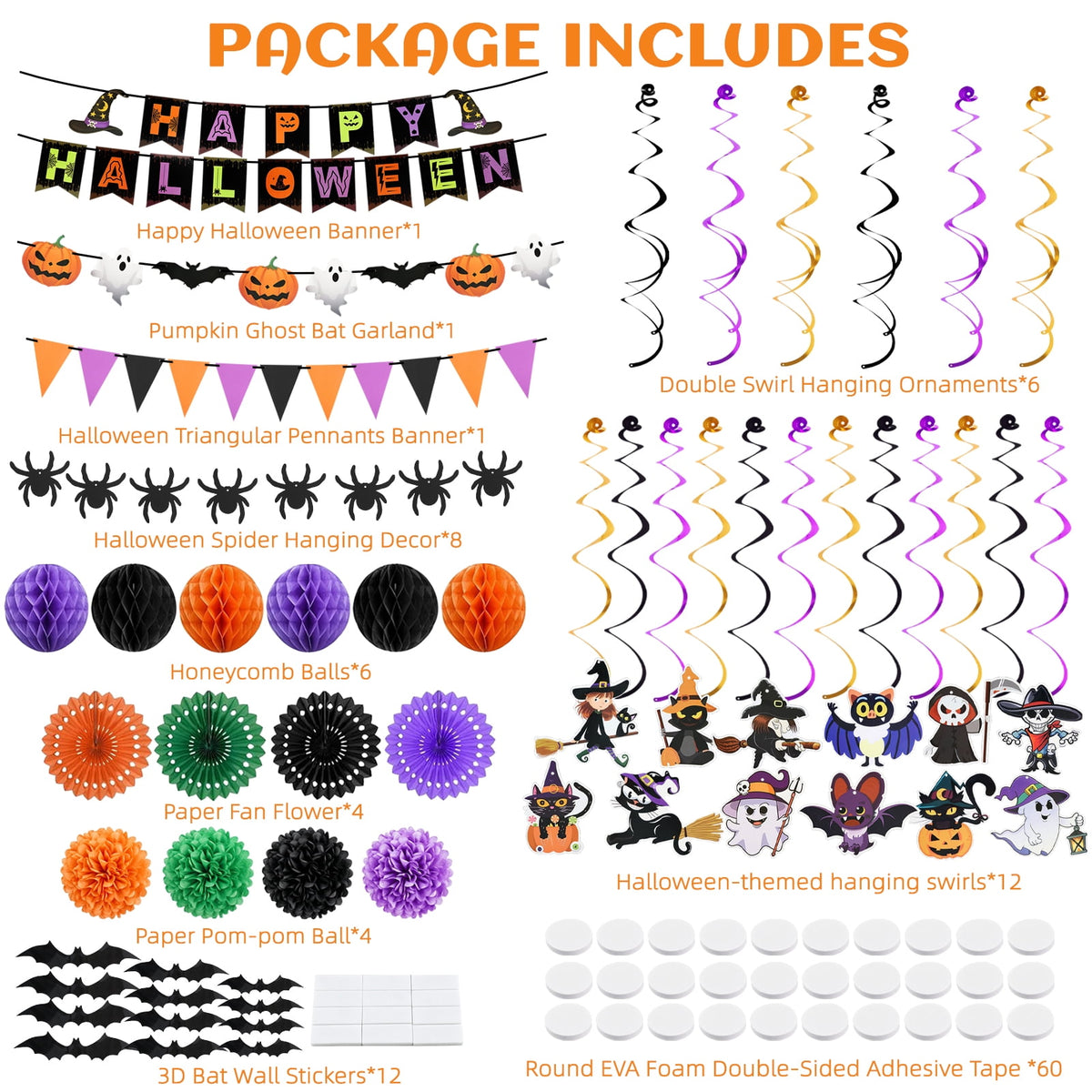 KORALAKIRI Halloween Party Decorations Happy Halloween Banner Honeycomb Balls Paper Fans Hanging Swirls Triangle Garland for Indoor Home Office Class School Party Supplies