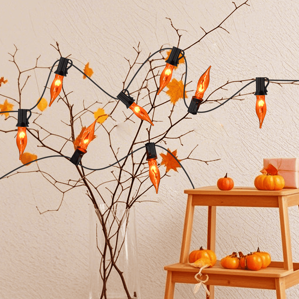 Halloween Lights Flickering Flame String Lights with 12 Pack C7 Orange Flame Light Bulbs (2 Spare), 12.8Ft Orange Flame String Lights for Indoor Outdoor Home Party Yard Halloween Decorations