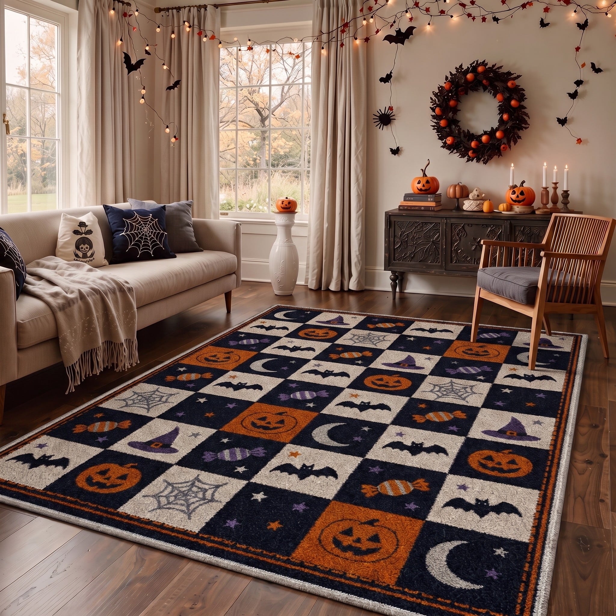 GENIMO 5'x7' Halloween Area Rug for Living Room, Washable Non Slip Soft Vintage Witch Indoor Rug for Bedroom Dining Room Home Office, Retro Sepia