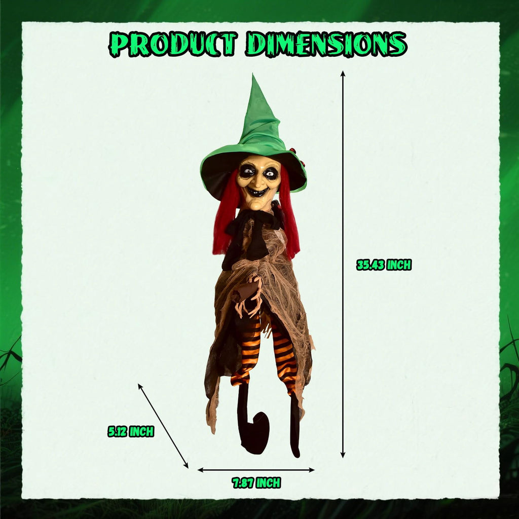 PRESENCE Halloween LED Light-Up Flying Witch on Broomstick, Realistic Sound & Motion, Scary Animated Decoration with Kicking Legs for Yard, Party, Haunted House Green
