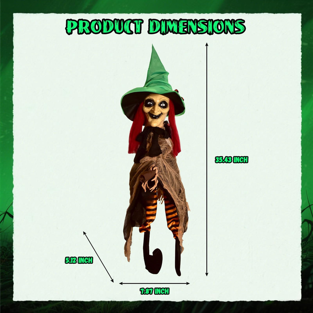 PRESENCE Halloween LED Light-Up Flying Witch on Broomstick, Realistic Sound & Motion, Scary Animated Decoration with Kicking Legs for Yard, Party, Haunted House Green