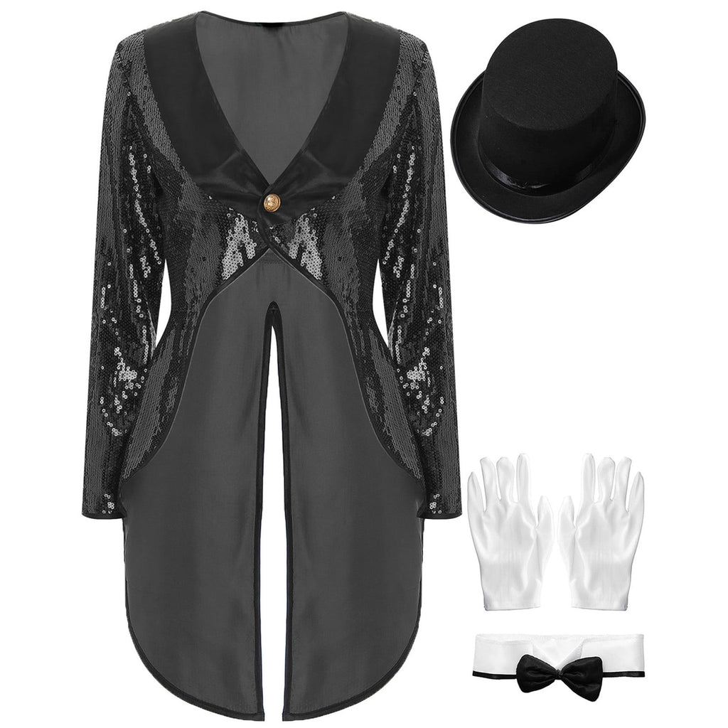 iiniim Women Magician Cosplay Sequin Tailcoat Circus Showman One-Button Tuxedo Jacket Outfits Red M