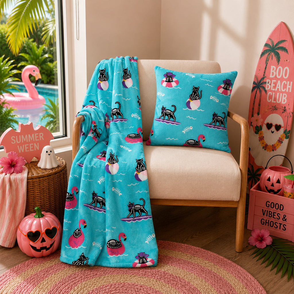 Summerween 18"x18" Plush Decorative Pillow, Vacation Ghosts