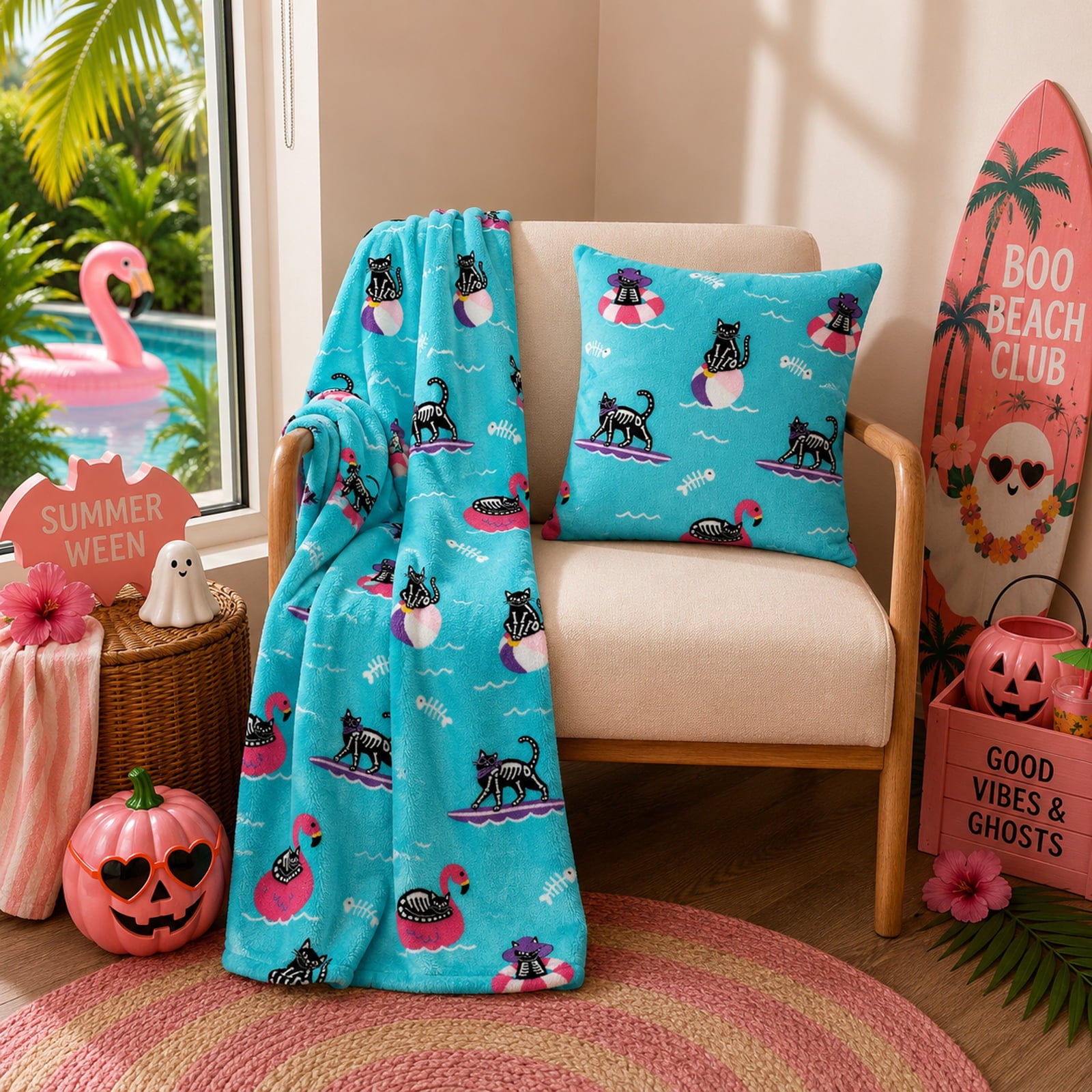 Summerween 18"x18" Plush Decorative Pillow, Vacation Ghosts