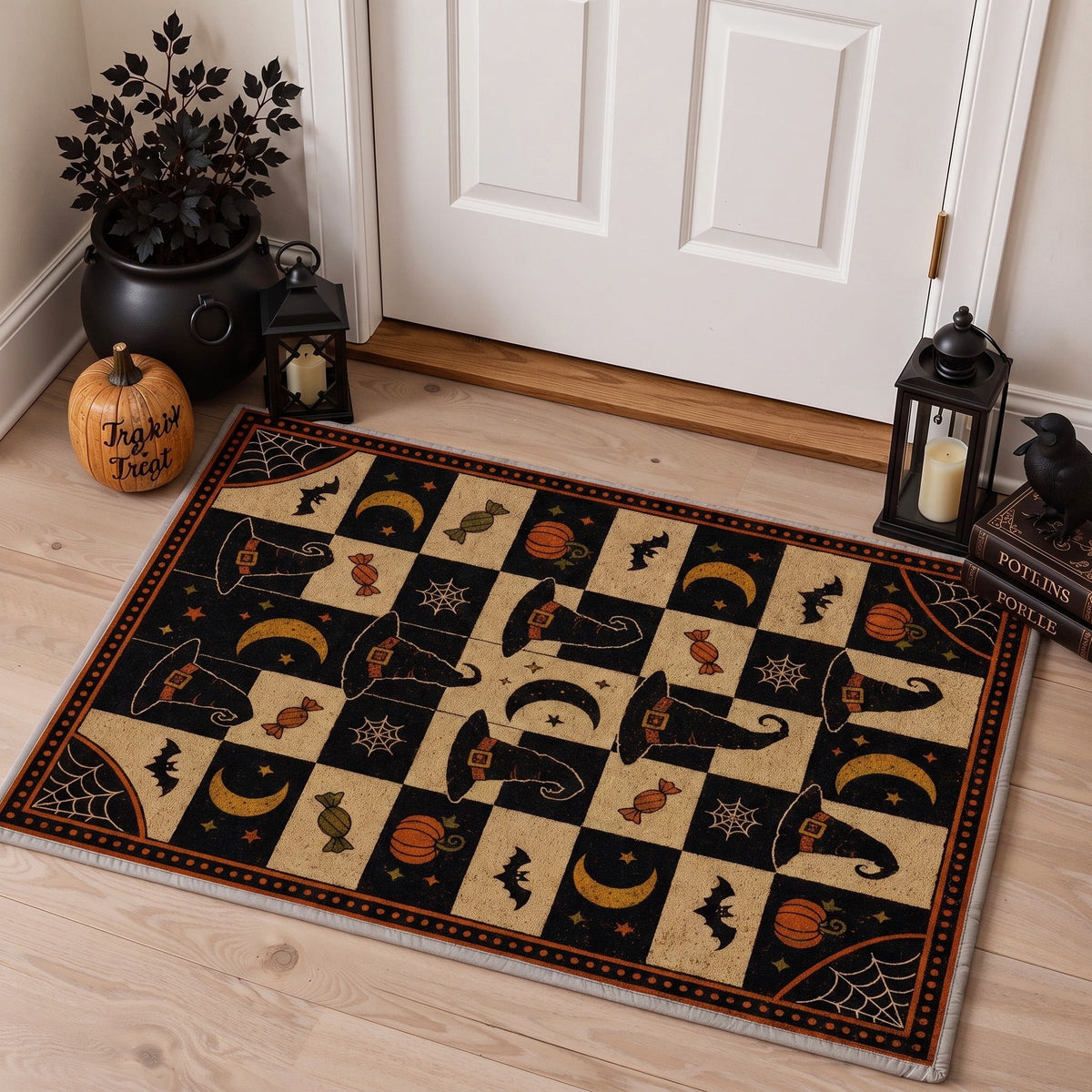 GENIMO 2'x7' Halloween Runner Rug, Washable Non Slip Soft Vintage Witch Indoor Outdoor Hallway Runner for Porch Patio Kitchen Entryway, Retro Sepia