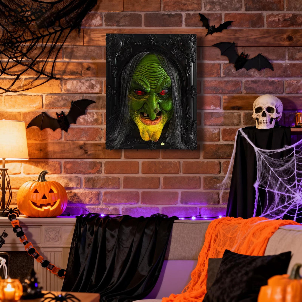 Leeye Motion Sensor Halloween Witch Wall Hanging, Haunted Talking Witch Picture Frame with Sound Activation, Scary Animated Witch Wall Decor for Indoor Party Haunted House