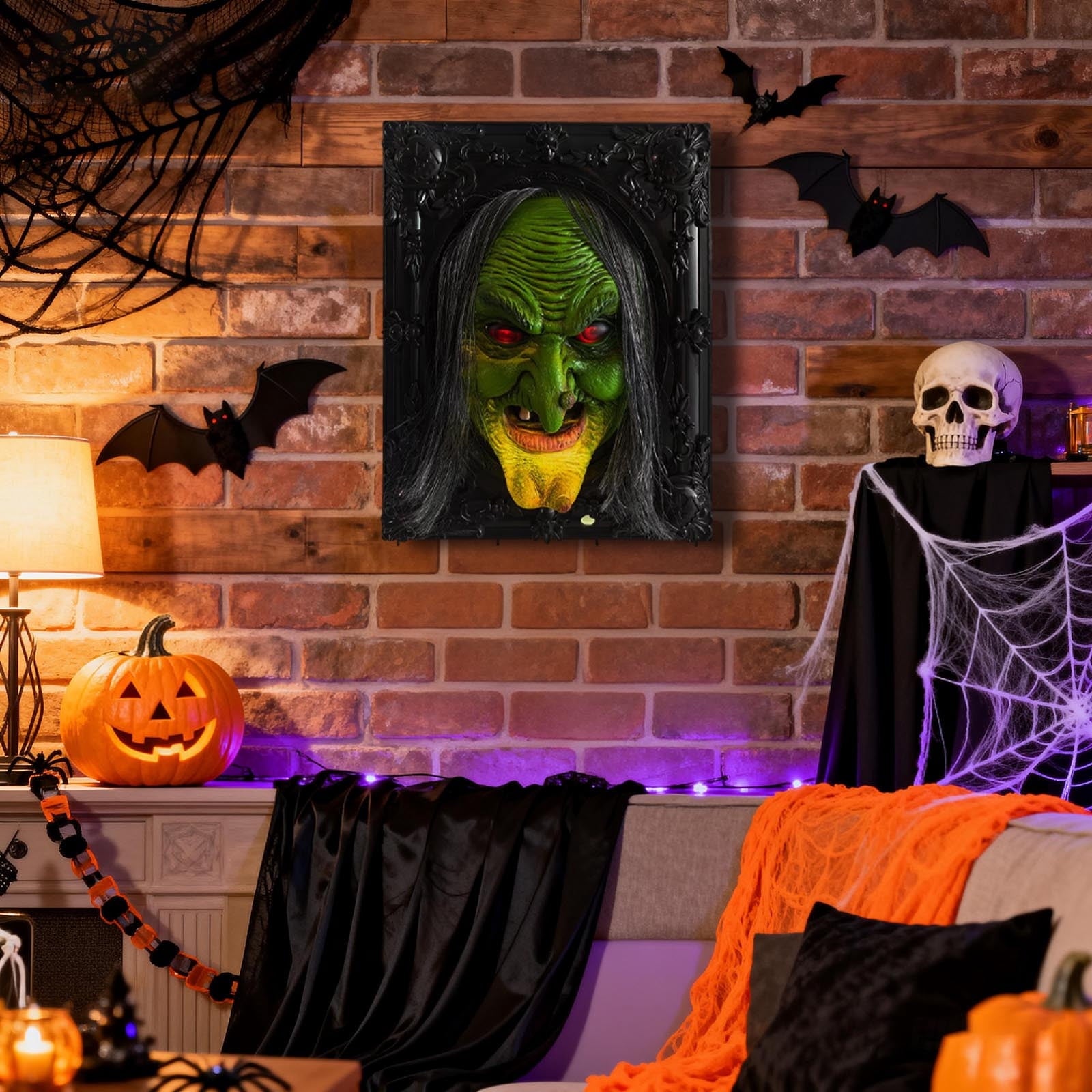 Leeye Motion Sensor Halloween Witch Wall Hanging, Haunted Talking Witch Picture Frame with Sound Activation, Scary Animated Witch Wall Decor for Indoor Party Haunted House