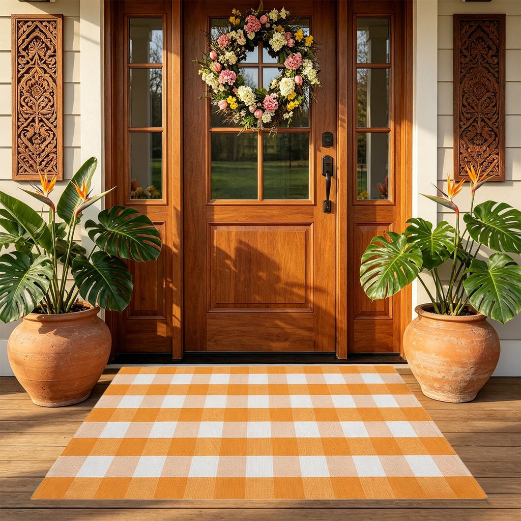 Orange Plaid Fall Outdoor Mat, Hand-Woven Porch Rug for Thanksgiving Halloween Door Decor