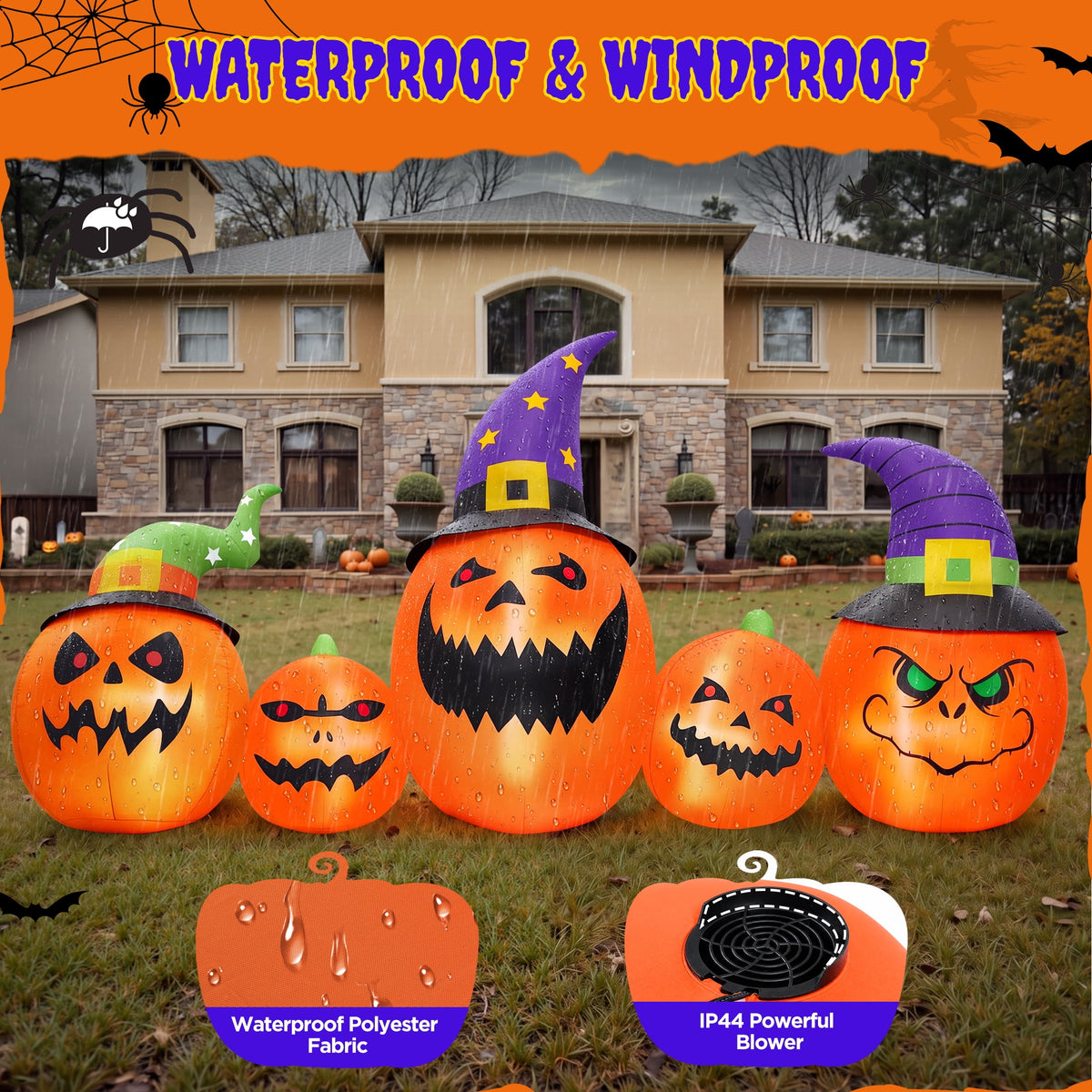Firstness 8FT Halloween Inflatable Pumpkins Blow ups Outdoor Decorations, Five Pumpkins with LED Lights for Party Yard