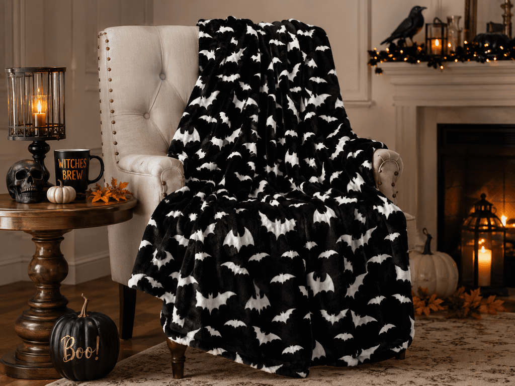 Serafina Home Halloween Throw Blanket: Fuzzy Boo! Jack O'Lantern Spider Webs Skull and Black Cats Print on Velvet Fleece for Sofa Bed Couch Chair Dorm