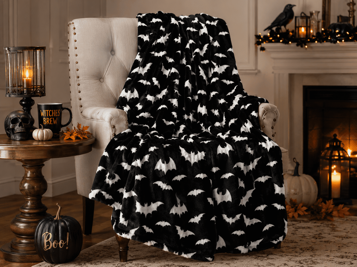 Serafina Home Halloween Throw Blanket: Fuzzy Boo! Jack O'Lantern Spider Webs Skull and Black Cats Print on Velvet Fleece for Sofa Bed Couch Chair Dorm