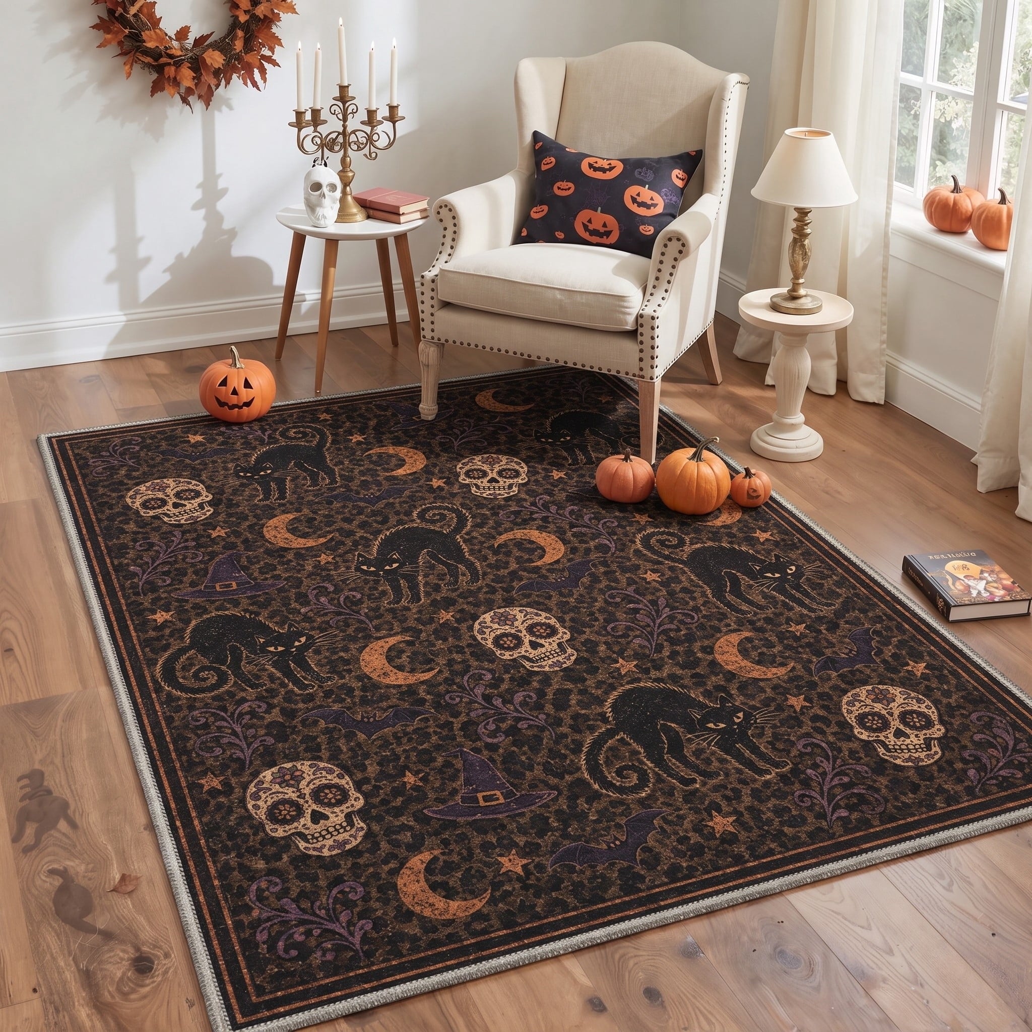 GENIMO 2'x7' Halloween Runner Rug, Washable Non Slip Soft Vintage Witch Indoor Outdoor Hallway Runner for Porch Patio Kitchen Entryway, Vintage Black