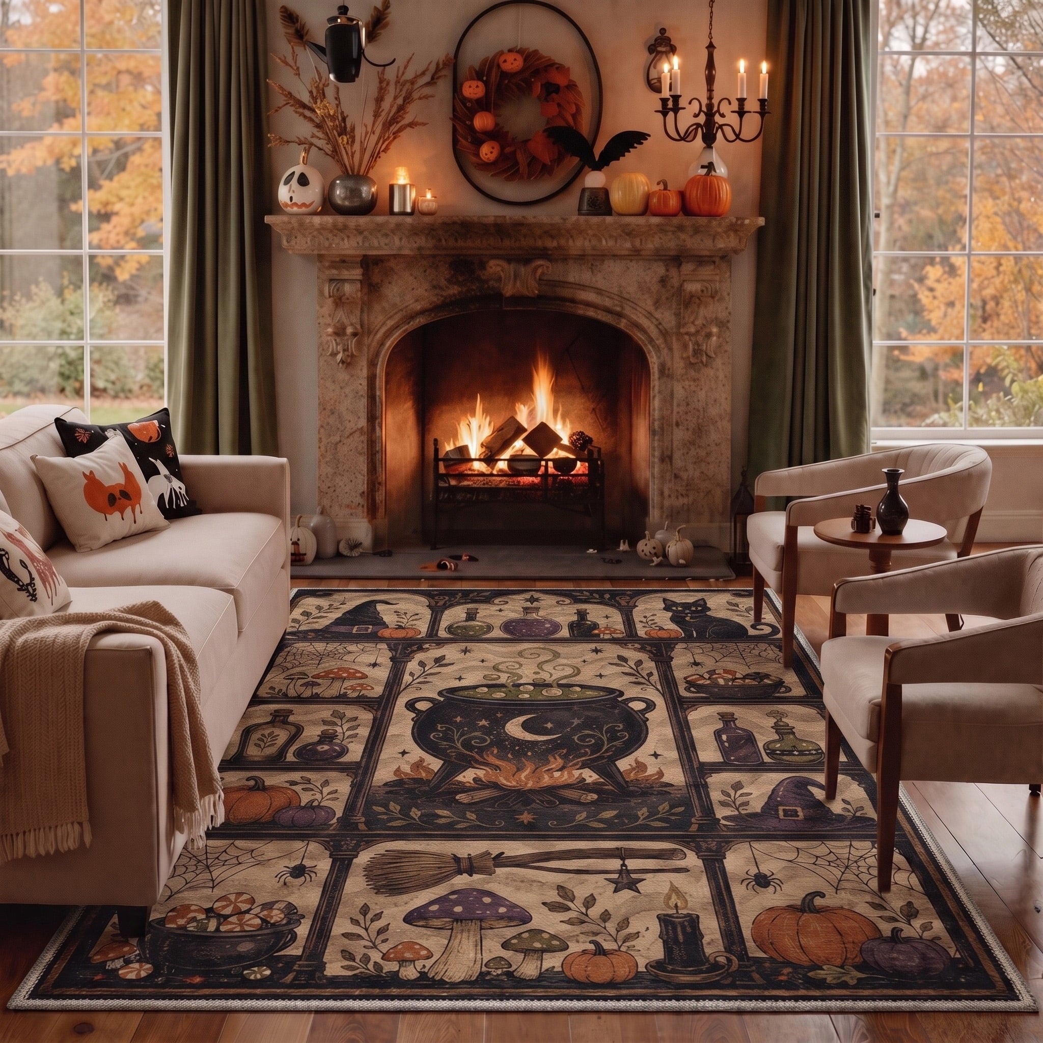 GENIMO 5'x7' Halloween Area Rug for Living Room, Washable Non Slip Soft Farmhouse Pumpkin Indoor Rug for Bedroom Dining Room Home Office, Vintage Sepia