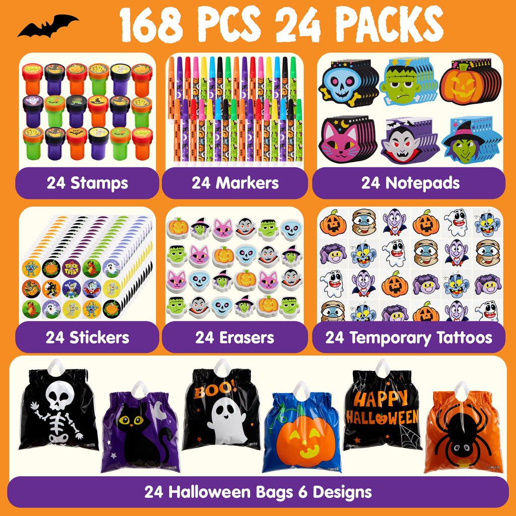 Joyfy 192 Pcs Halloween Stationery Set, Halloween Markers Rulers Stickers Erasers Stamps Notebooks Bags Party Favors,Halloween Trick or Treat Bags,Halloween Gifts for Kids,Classroom Favors