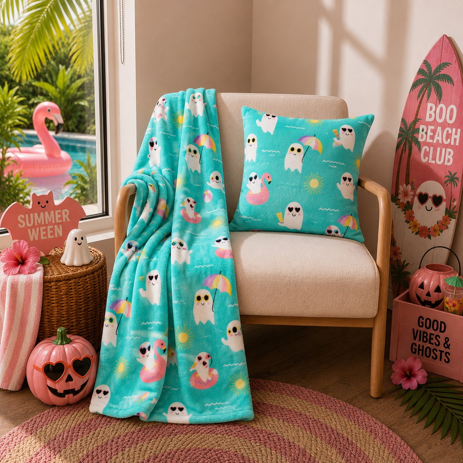 Summerween 18"x18" Plush Decorative Pillow, Vacation Ghosts