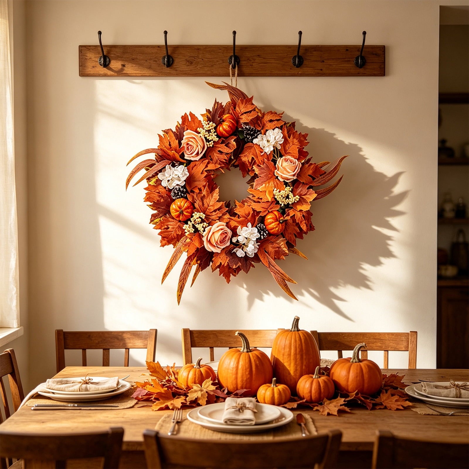 HOARBOEG Handmade Wrought Iron Maple Leaf Wreath, Thanksgiving Rudolph Fall Harvest Door Hanging, Orange Metal Autumn Wreath with Berries, Garden Wall Decor, 15.75 in