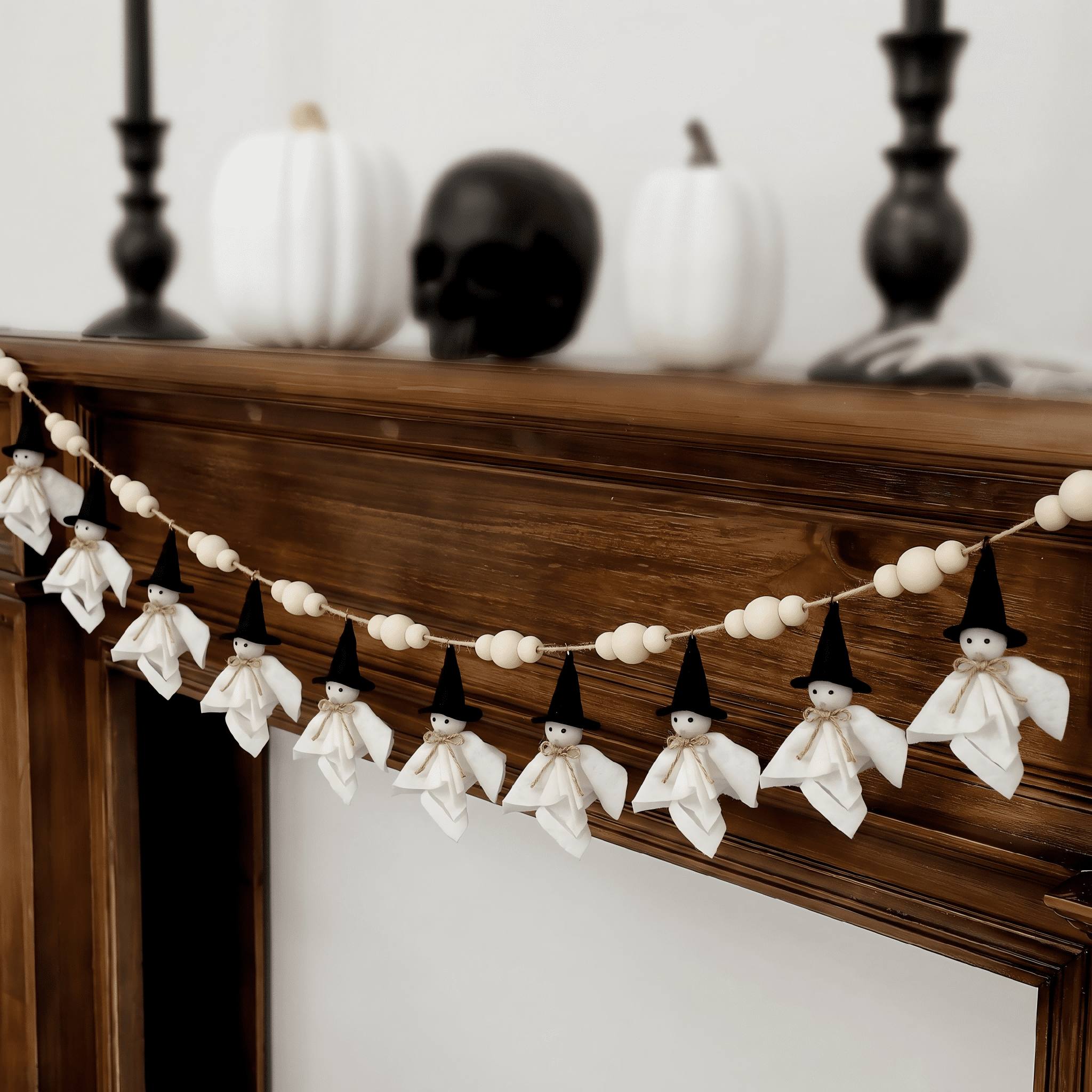84 Inch Halloween Ghost Banner with Witch Hat, Rustic Wooden Bead Ghost Banner, Halloween Hanging Decor for Fireplace, Mantel, Wall, Party & Home