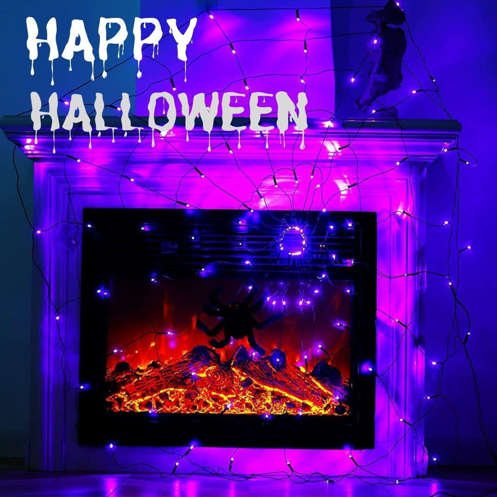 PMMIPNW Halloween Light Spider Web Lights 70 LED, Halloween String Lights Battery Operated with 8 Modes, Retro Haunted for Bedroom, Bar, Haunted House, Wall Halloween Decoration, Purple