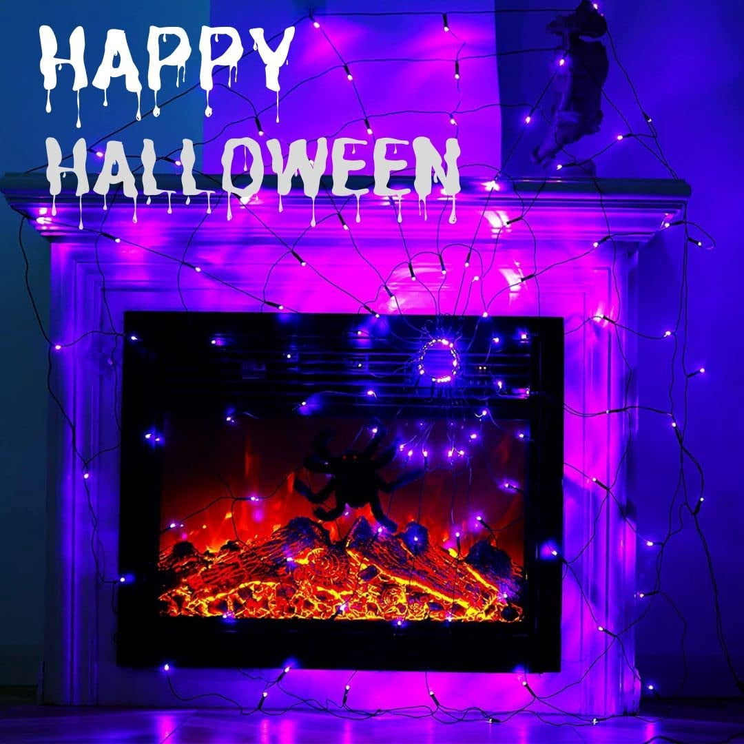 PMMIPNW Halloween Light Spider Web Lights 70 LED, Halloween String Lights Battery Operated with 8 Modes, Retro Haunted for Bedroom, Bar, Haunted House, Wall Halloween Decoration, Purple