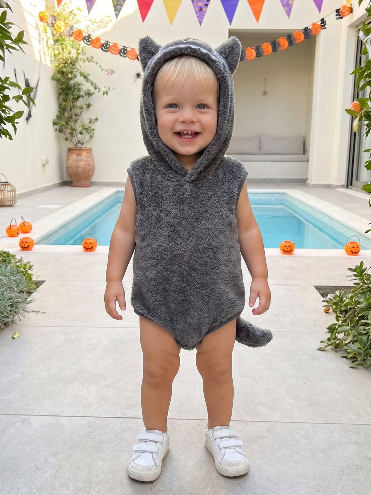 RUINIXCW Newborn Baby Boy Halloween Wolf Costume Kids Infant Animal Cosplay Outfit Toddler Fall Winter Clothes Warm Fleece Hooded Sleeveless Romper