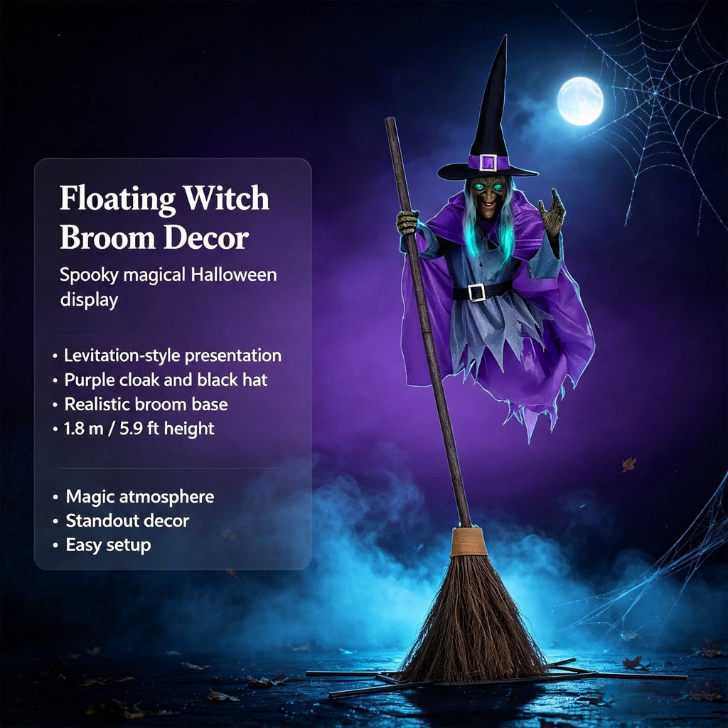 Halloween Flying Witch on Broom Decorations, 6 FT Animated Hovering Witch Animatronics Holding Sweeper Props with Scary Lights, House Decor for Outside Indoor Garden Yard Lawn