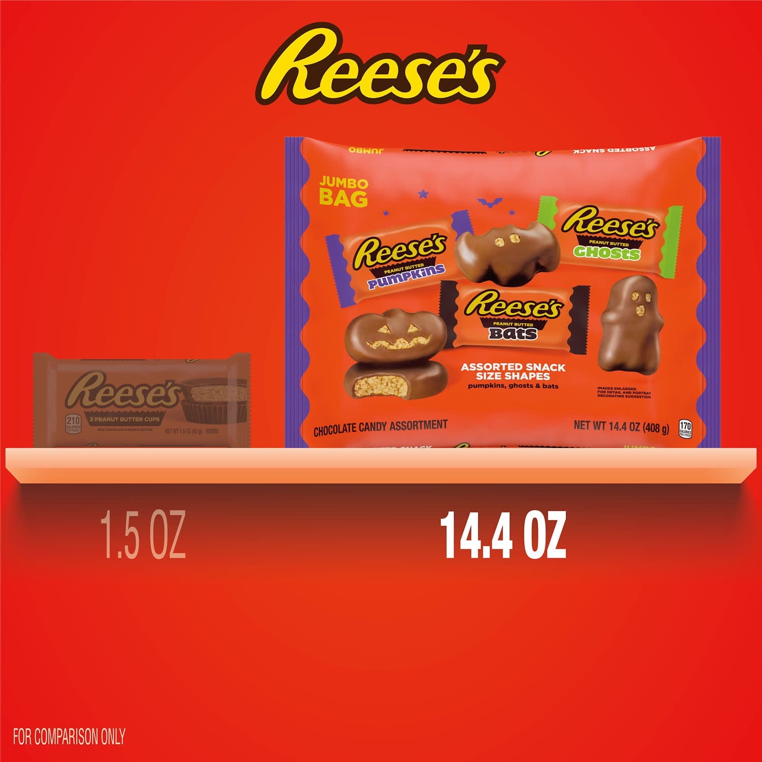 REESE'S Assorted Milk Chocolate Snack Size Peanut Butter Shapes, Halloween Candy Jumbo Bag, 14.4 oz