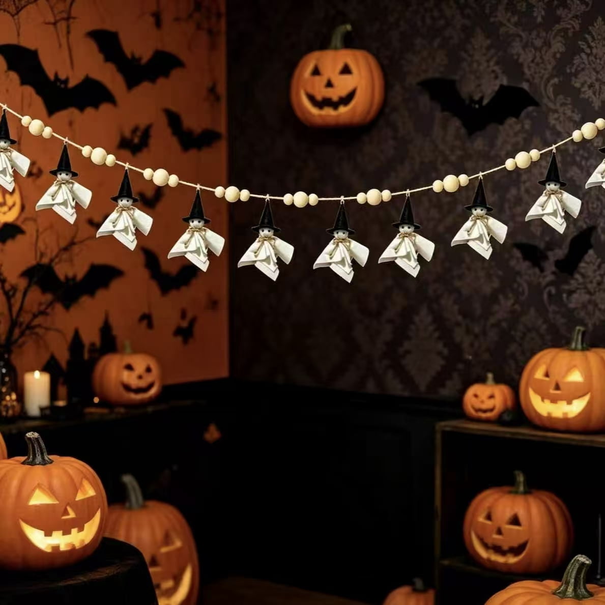 84 Inch Halloween Ghost Banner with Witch Hat, Rustic Wooden Bead Ghost Banner, Halloween Hanging Decor for Fireplace, Mantel, Wall, Party & Home