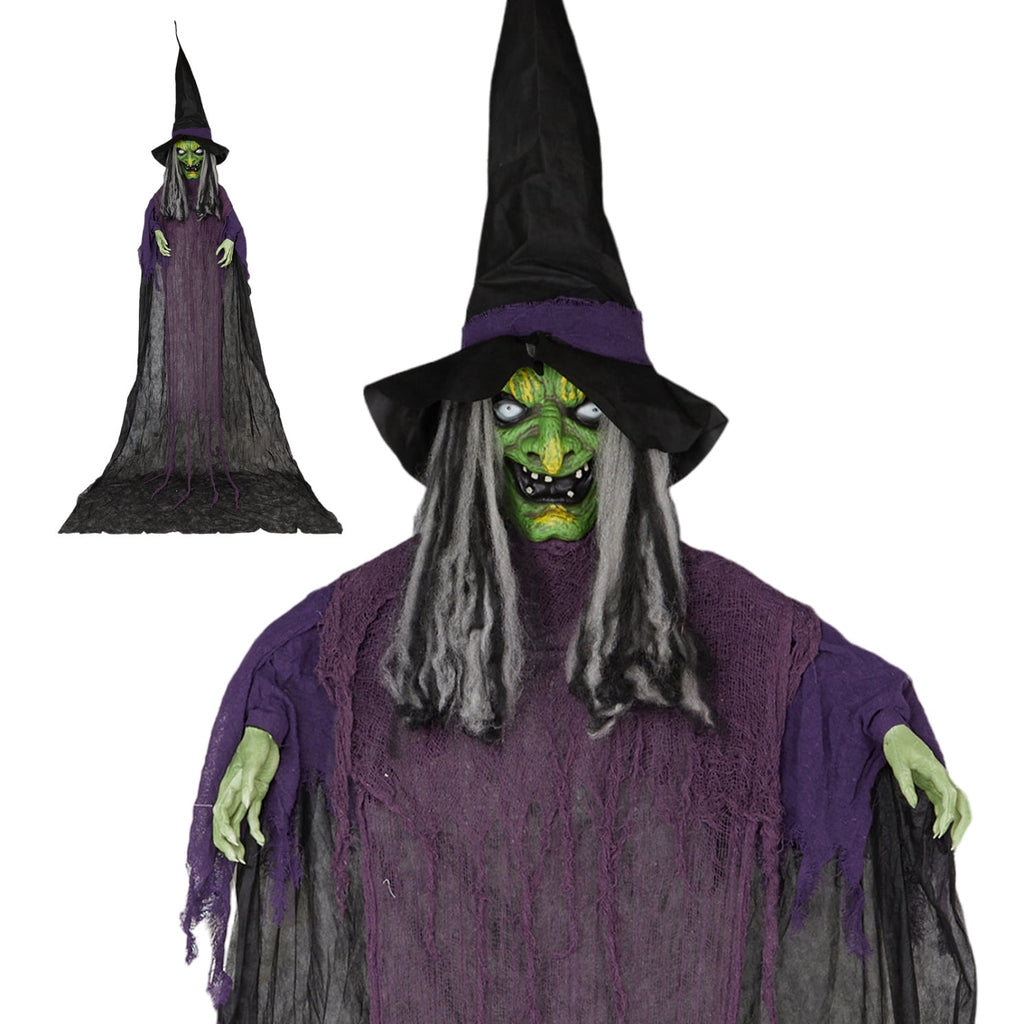 11.8ft Halloween Animatronics Hanging Witch Outdoor Decoration, Sound Animated Talking Witch with Light-up Eyes for Haunted House Prop Décor, Yard Lawn Decorations