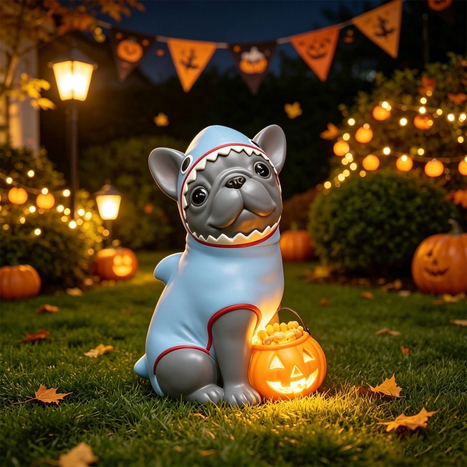 Gray Frenchie in Shark Costume Blow Mold, Halloween French Bulldog Statue with Light Up Pumpkin Decor, Cute Resin Outdoor Indoor Tabletop Dog Ornament, Entryway Patio Yard Decoration, 7.87"