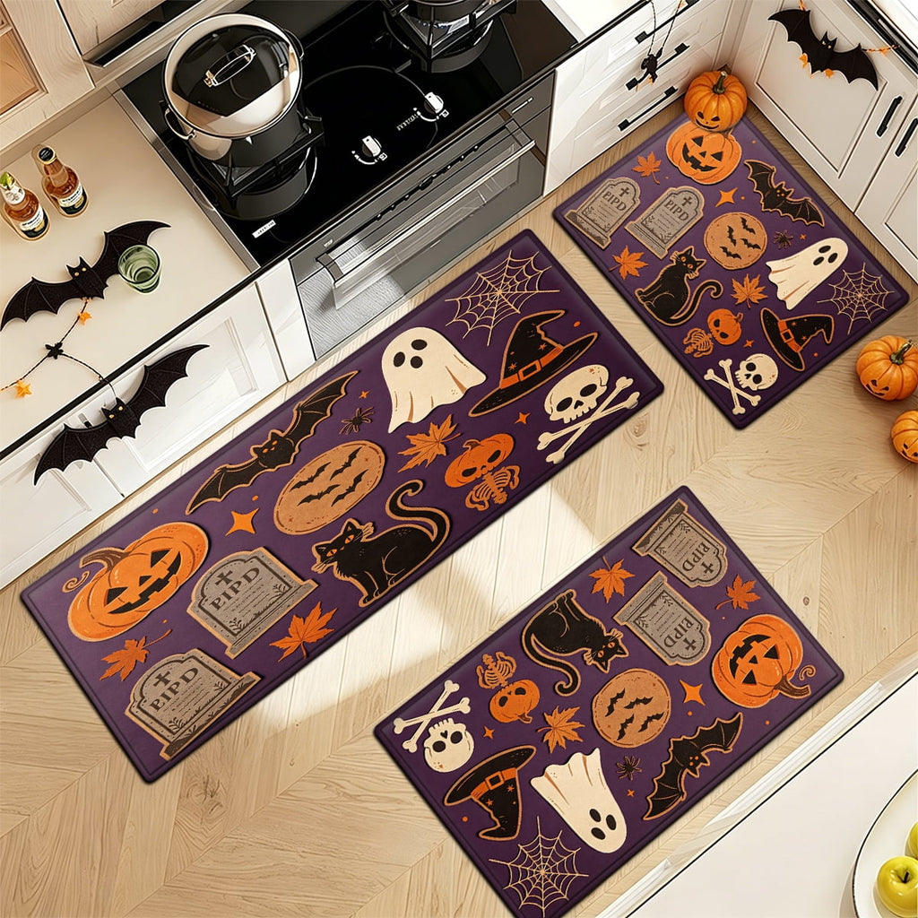 YIMEIS Halloween Neon Pumpkin Lanterns 3Pcs Flannel Mat & Kitchen Rugs Set,Soft Non-slip,16''×24'' 20''×30'' 17''×47'' Inches,for Entryway Bathroom