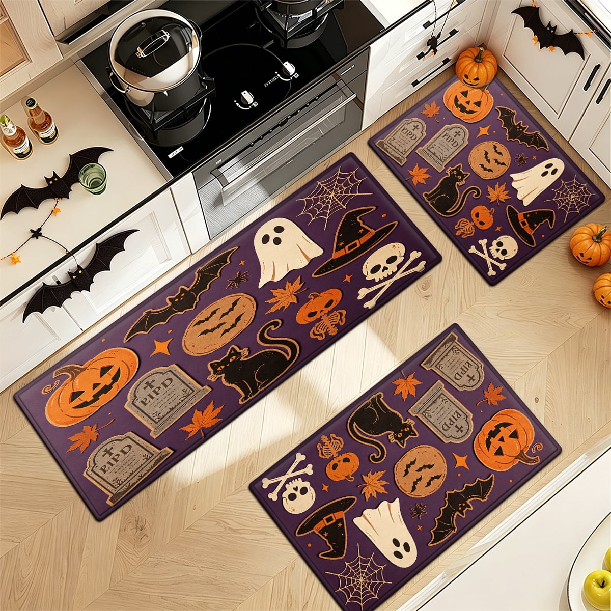 YIMEIS Halloween Neon Pumpkin Lanterns 3Pcs Flannel Mat & Kitchen Rugs Set,Soft Non-slip,16''×24'' 20''×30'' 17''×47'' Inches,for Entryway Bathroom