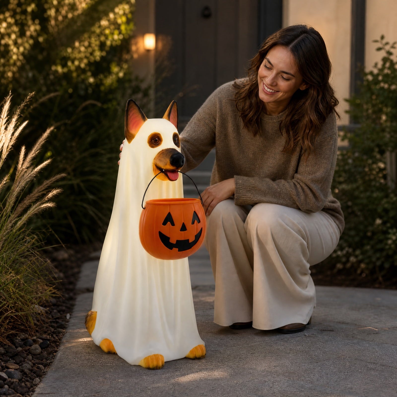 LED German Shepherd Blow Molded Halloween Statue, Light Up Ghost Dog Figure with Pumpkin Candy Bucket, Glowing German Shepherd Halloween Decoration for Outdoor Porch Yard Fall Spooky Season Home