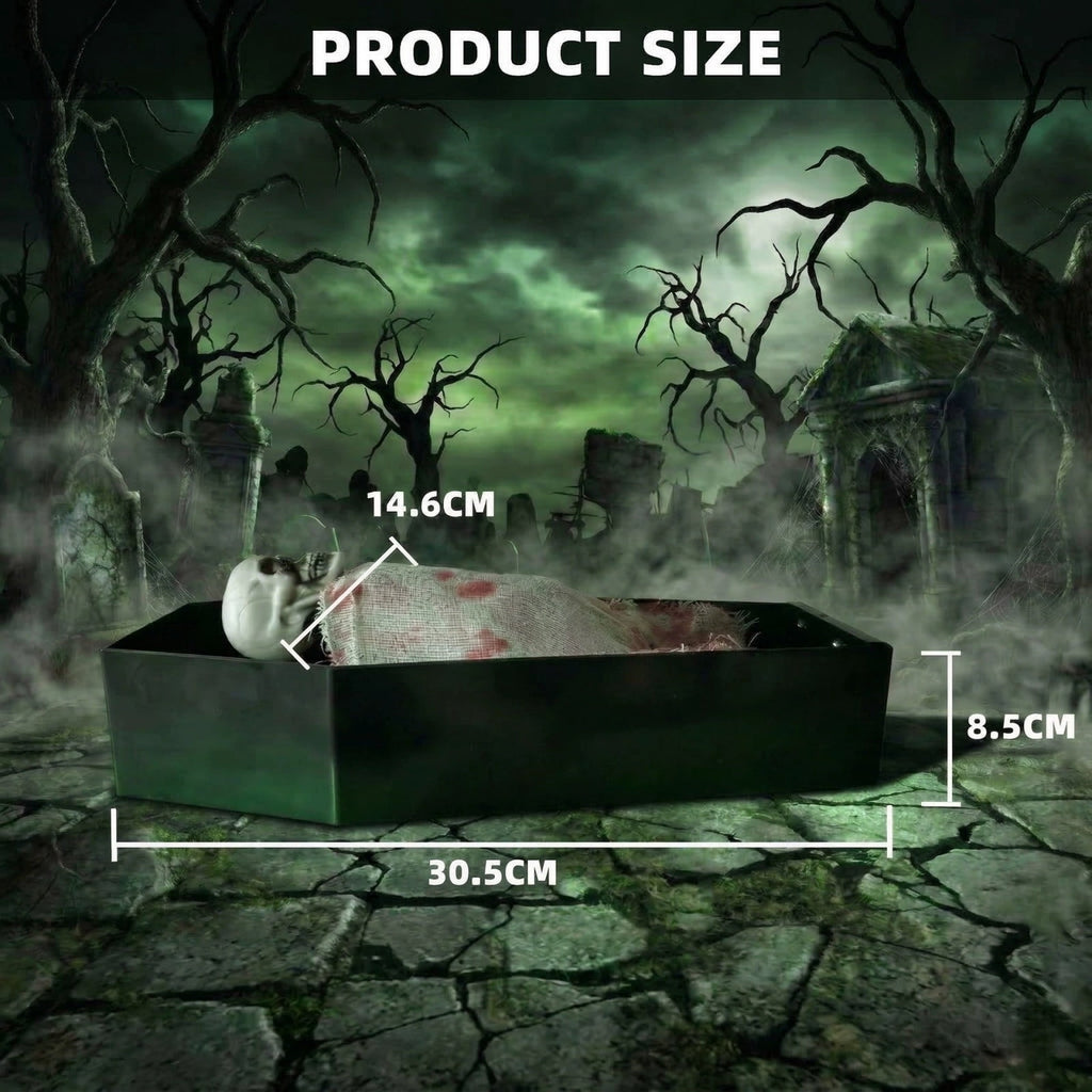Voice Activated Animated Skeleton over Tombstone, Halloween Decorations Animatronic Coffin Skeleton Toys with Green Light, for Indoor or Covered Outdoor Use, Spooky Summerween Party Decor