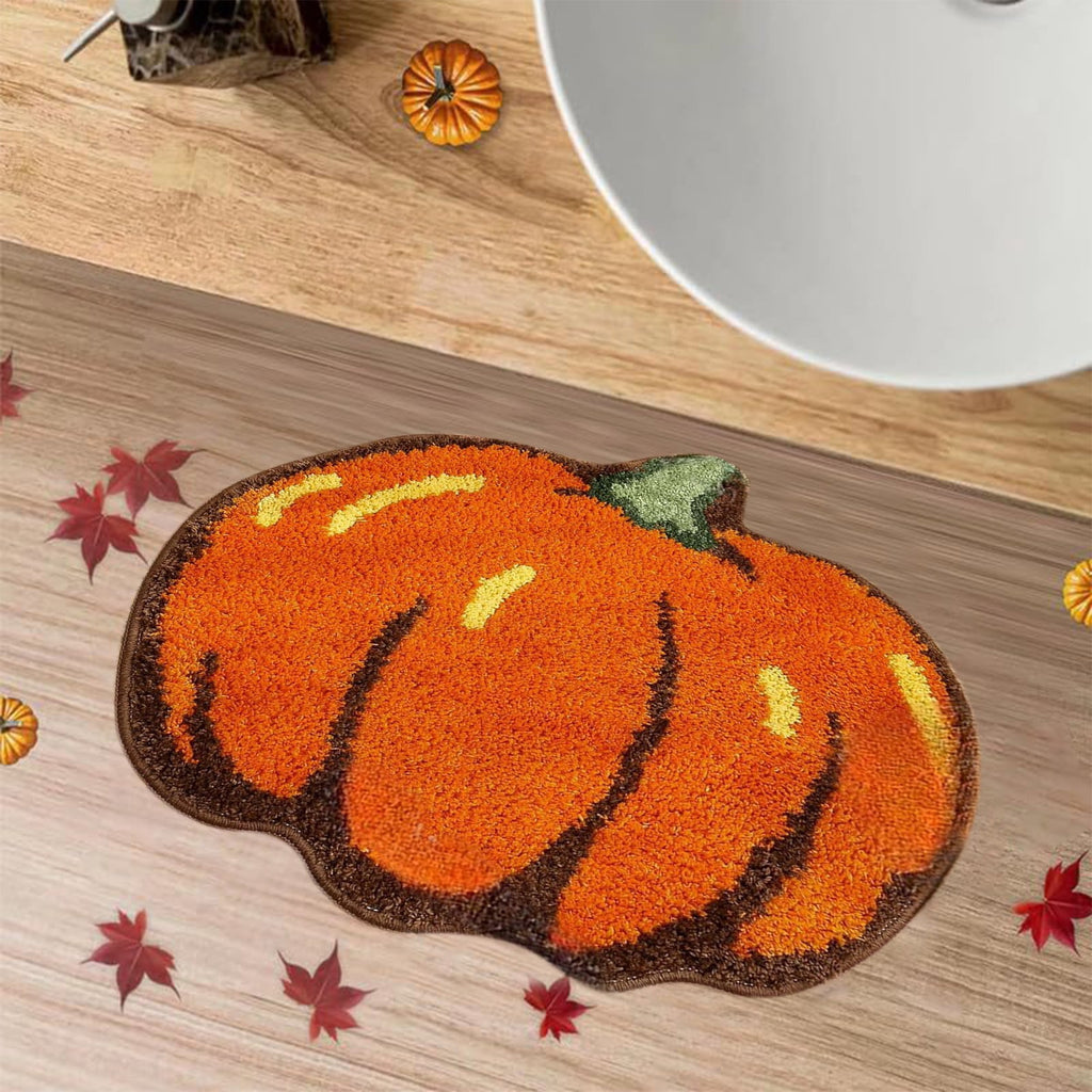 yulier Fall Pumpkin Bathroom Rug, Pumpkin Shape Bath Mat, Non-Slip Soft Kitchen Mat Doormat Orange Floor Mat Fall Decor, 24x16 Inch
