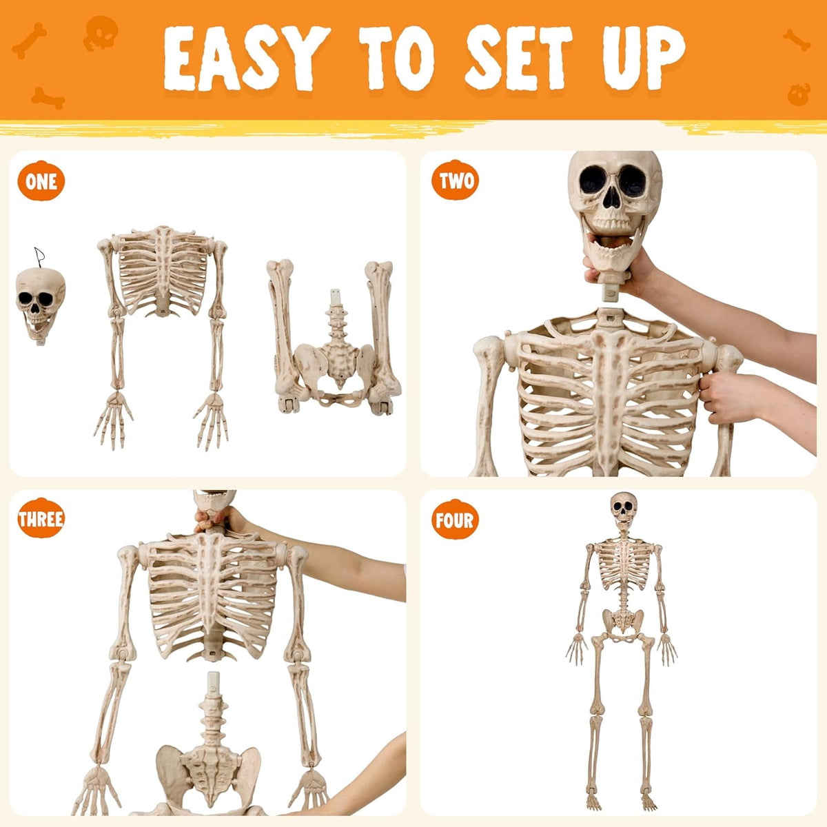 Joyfy 24 Inch Halloween Skeleton Decor with LED Light Eyes,Posable Skeleton Halloween Prop Full Body with Movable Joints for Haunted House Indoor Outdoor Decoration Spooky Decor