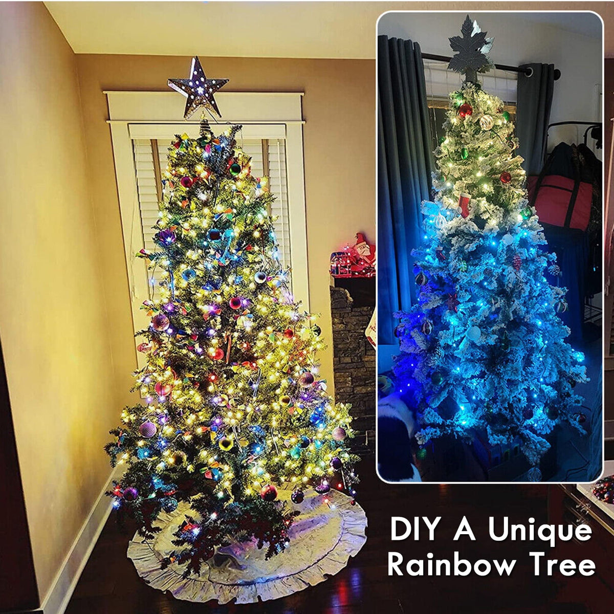 IC ICLOVER Christmas Tree String Lights Decorations with Ring Smart APP, 200 LED Waterfall Lights IP65 Waterproof Multi-Modes with Remote Color Changing Lights for Wedding Yard Party Home Holiday