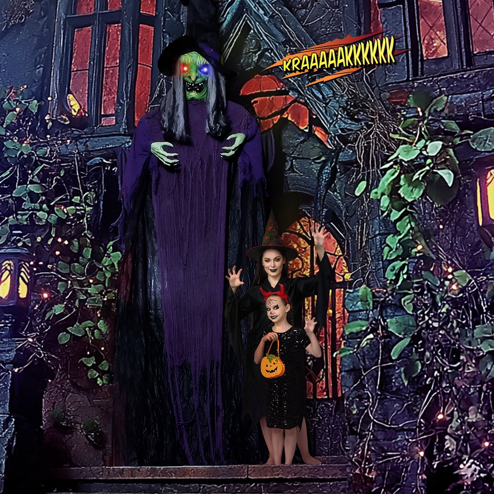 12ft Witch Animated Animatronic Decoration Creepy Halloween Hanging Witch w/ Pre-Recorded Screaming Ktaxon