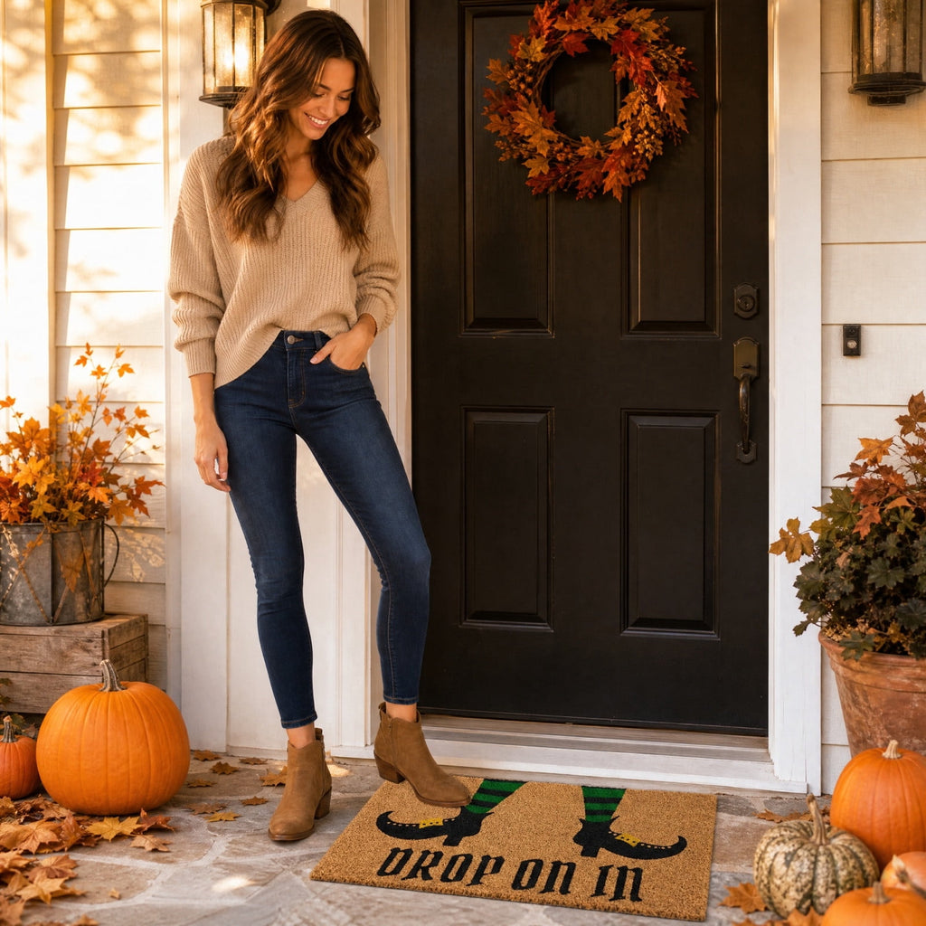 Halloween Doormat Vintage Retro Style Mat 23.6x15.7in Secure-Grip Absorbent Coir Look Entryway Rug for Front Porch Indoor Outdoor Decor by OVFUIZ