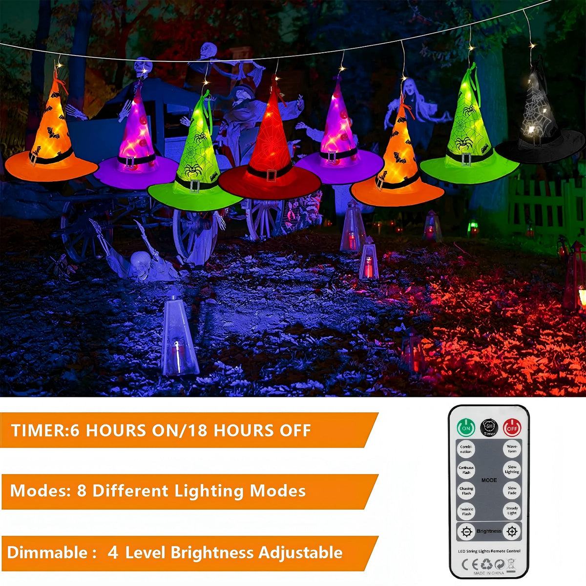 PMMIPNW Halloween Decorations Lighted Witch Hats Waterproof 5 PCS, Glowing Witch String Lights 12FT, Remote Control with 8 Modes for Outdoor Garden Halloween Party Decoration