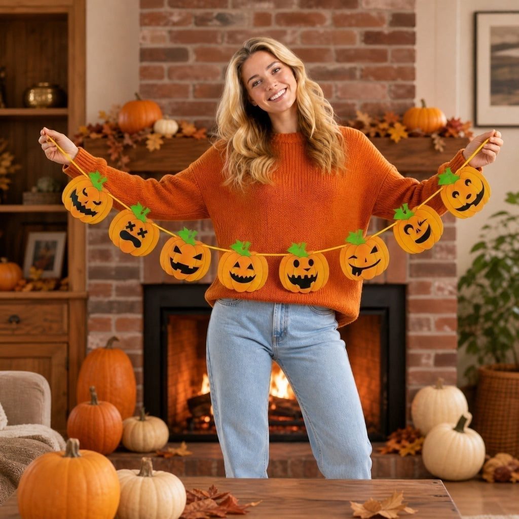 Halloween Decorations Cute Spooky Felt Garland, Black Bead Chain Pumpkin Witch Hat Ghost Banner for Home Indoor Holiday Decor