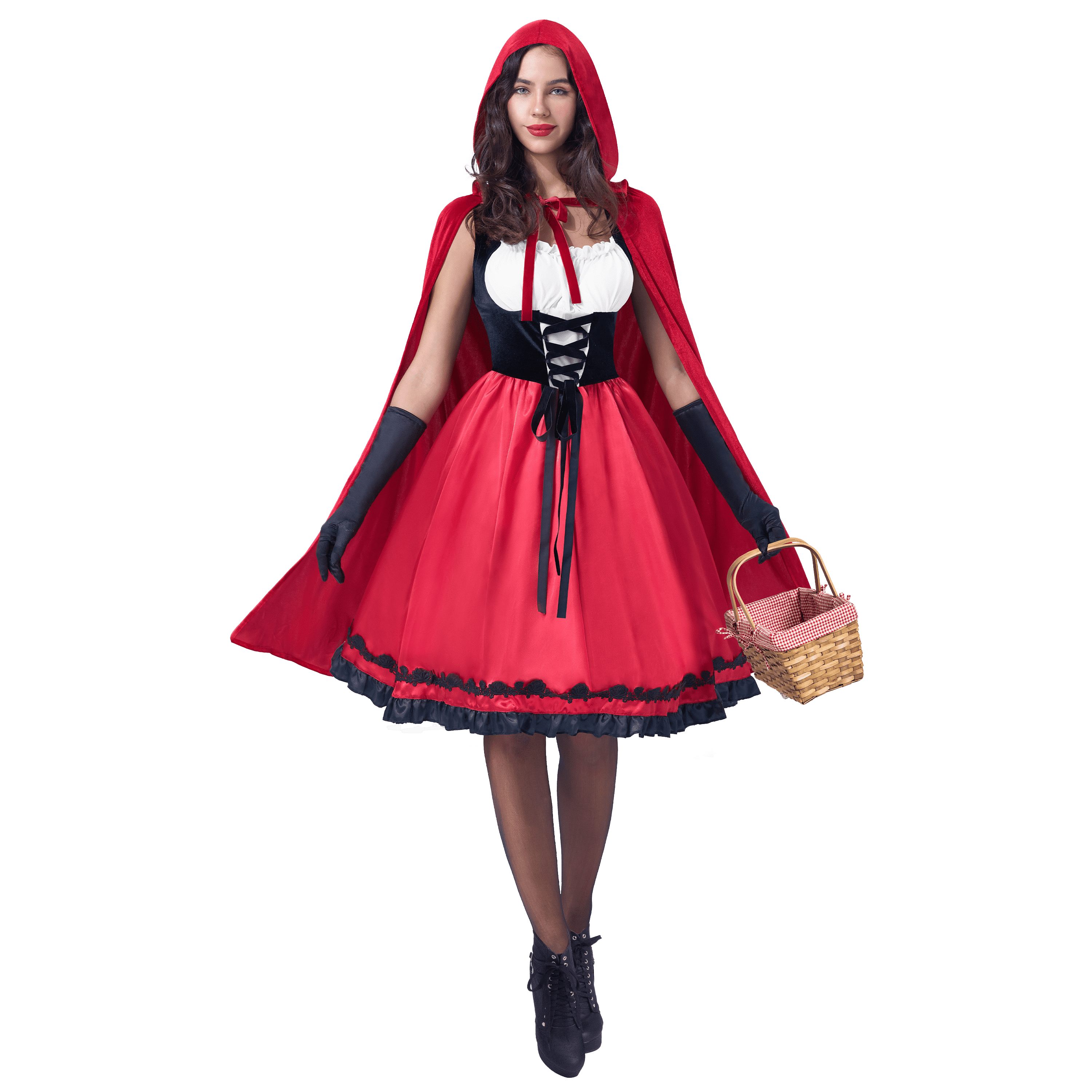 Joyfy Women Little Red Riding Hooded Costume with Dress, Cape and Gloves, Adult Women Halloween Costume for Halloween Party Cosplay