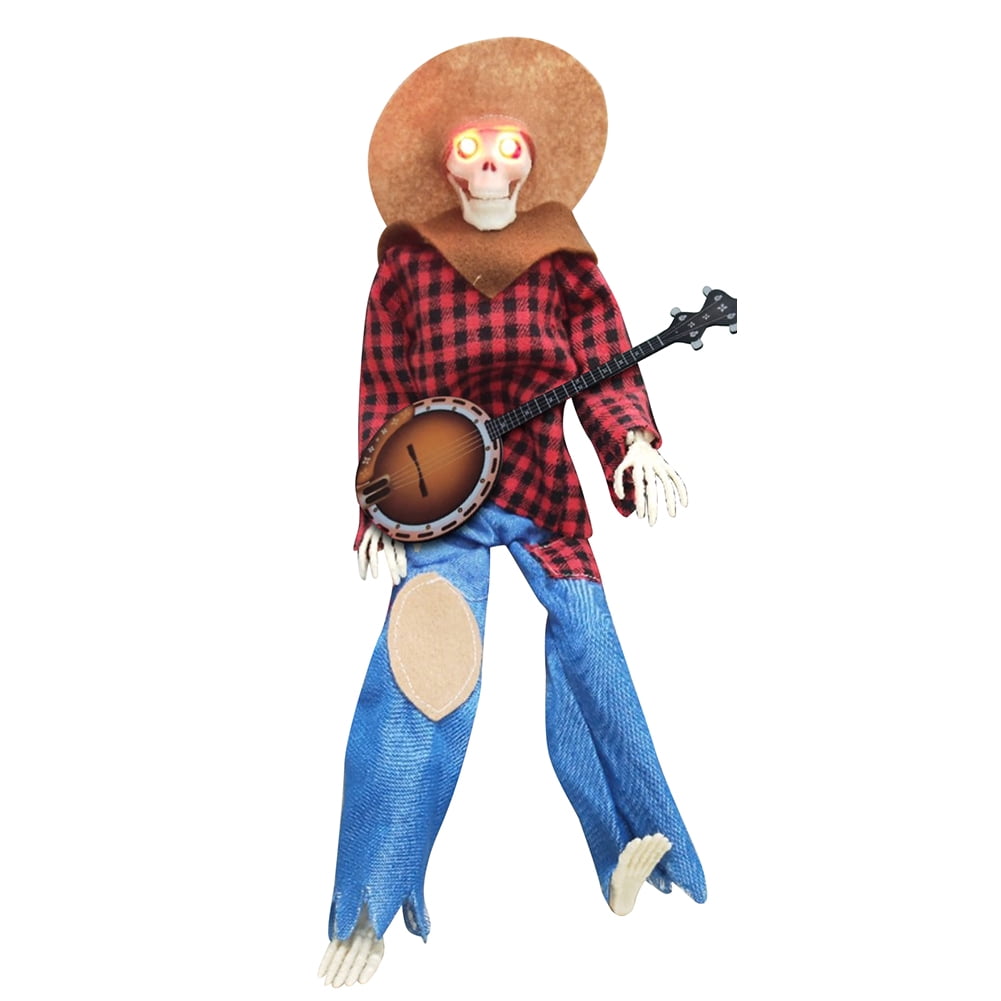15" Animated Banjo Cowboy Skeletons with Clothes and Hat for Party Shelf Halloween Decorations(Red)