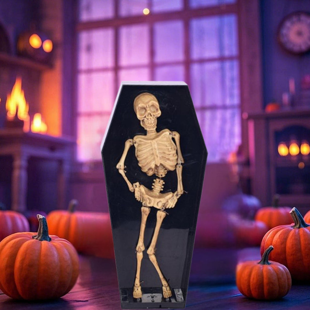 Halloween Dancing Coffin Skeleton with LED Lights Animated Prop Voice Activated Decorations with Spooky Music and Glowing Effects Scary Jumping Skeleton for Haunted House Yard Cemetery Party Decor