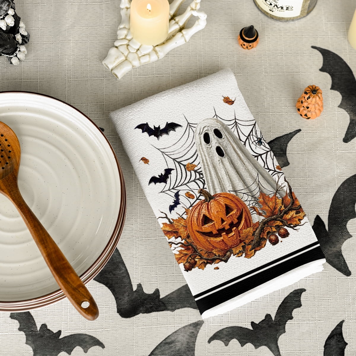 Sm:)e Pumpkin Ghost Bat Happy Halloween Dish Towels Set of 4, 18x26 Inch, Seasonal Holiday Hand Towels for Kitchen and Dining Table