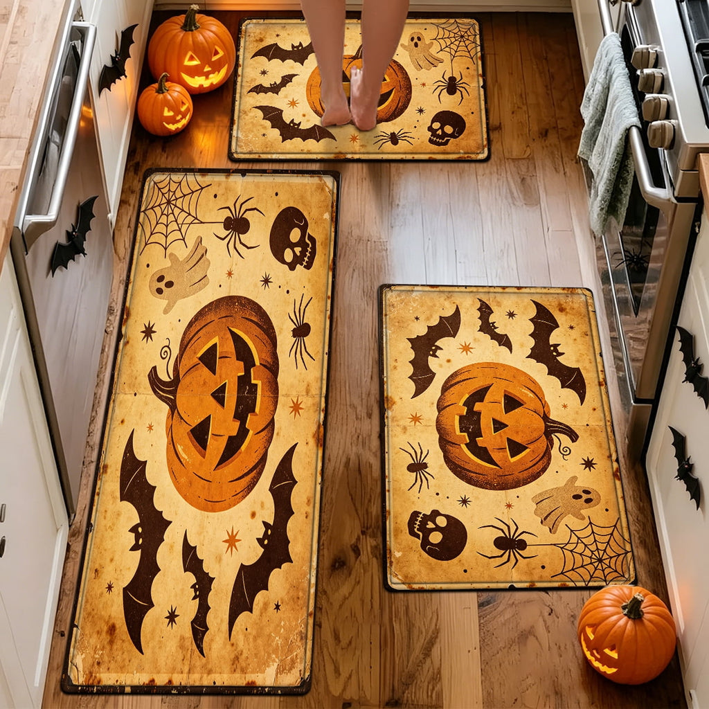 YIMEIS Halloween Neon Pumpkin Lanterns 3Pcs Flannel Mat & Kitchen Rugs Set,Soft Non-slip,16''×24'' 20''×30'' 17''×47'' Inches,for Entryway Bathroom