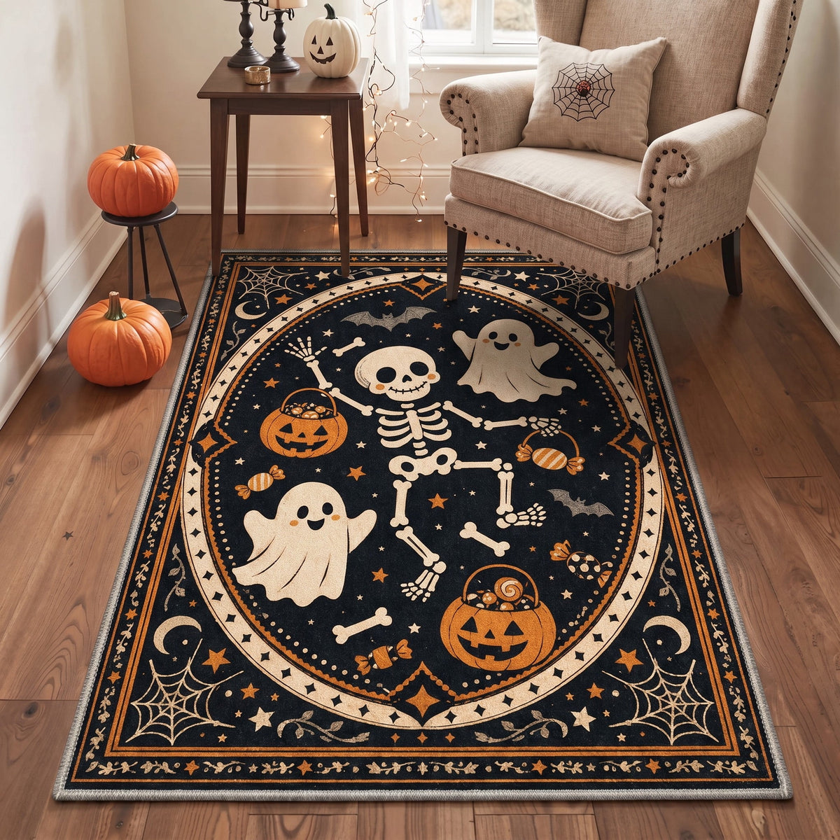 GENIMO 5'x7' Halloween Area Rug for Living Room, Washable Non Slip Soft Vintage Witch Indoor Rug for Bedroom Dining Room Home Office, Retro Sepia
