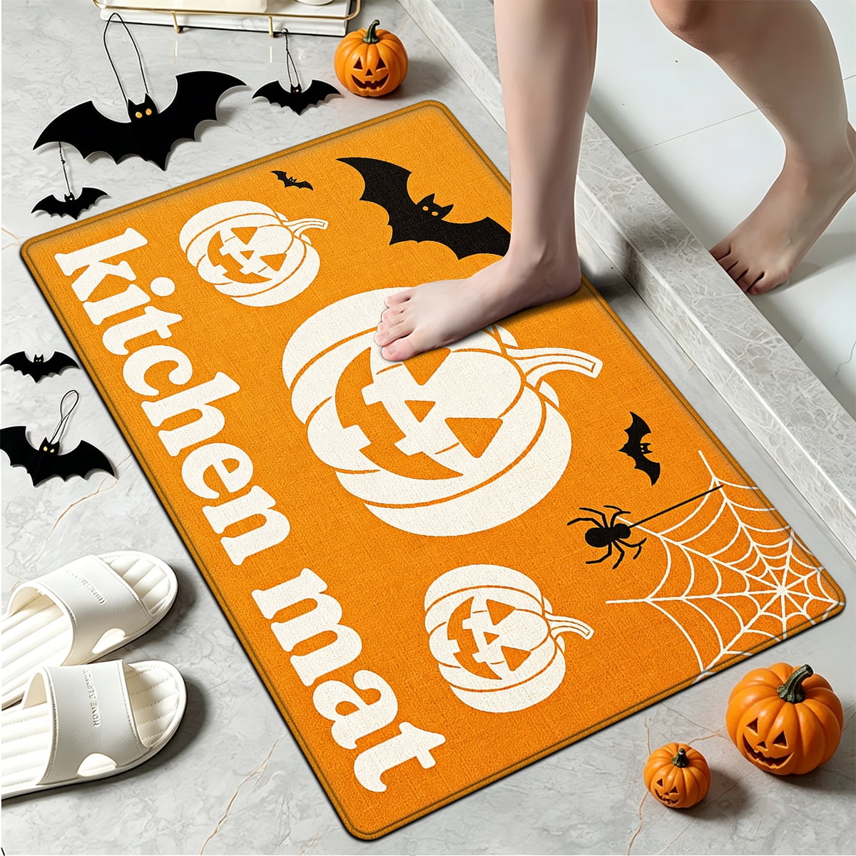 YIMEIS Halloween White Pumpkin Multi-purpose 3-Piece Flannel Mat and Kitchen Rugs,Soft Non-slip for Home Bedroom Bathroom