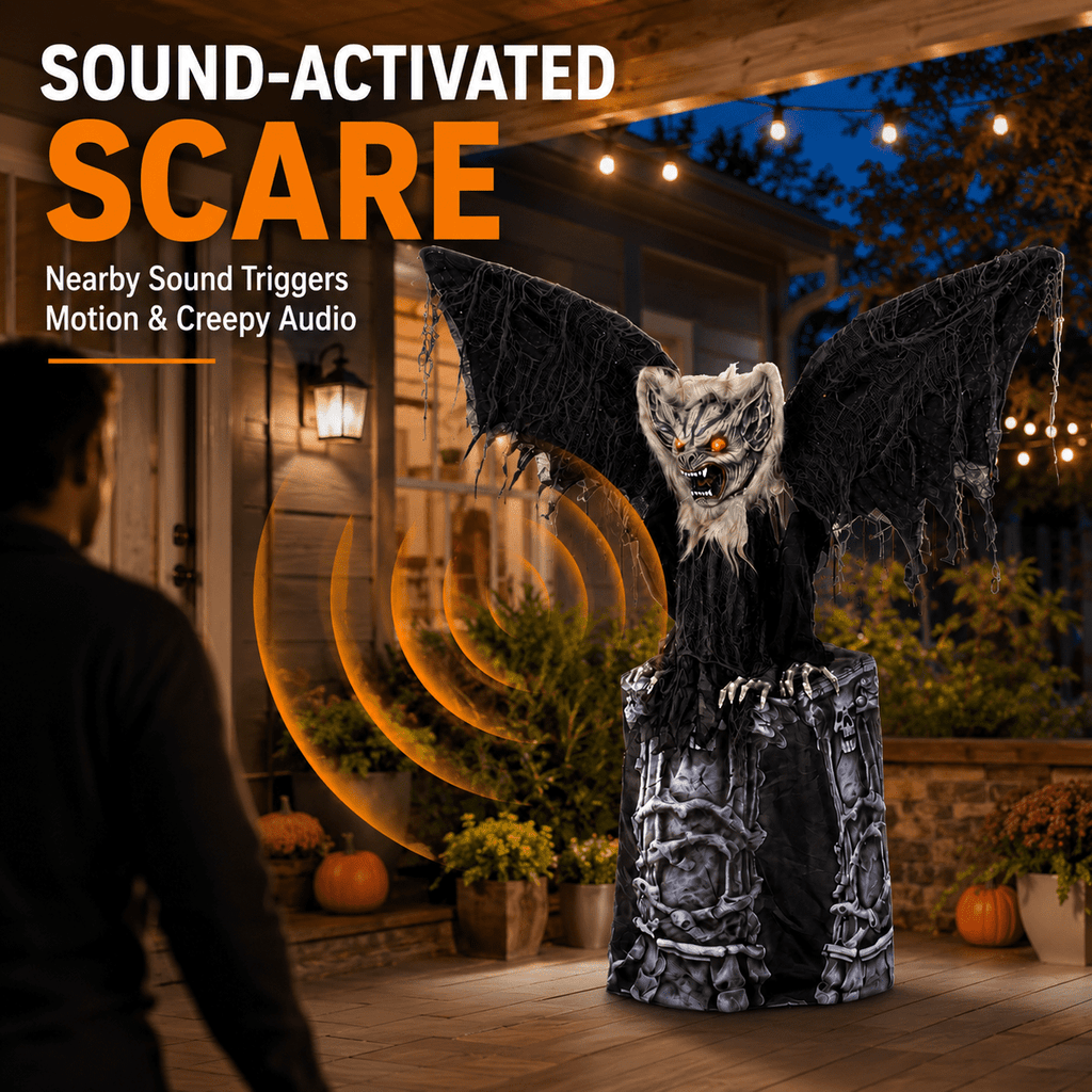 Romswi Halloween Decorations 4.7ft Standing Tombstone Gargoyle Animated with Light Up Eyes and Sound-Activated for Spooky Yard Garden Decor